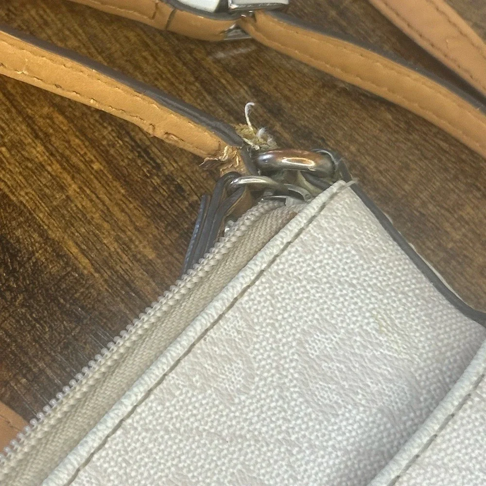 Guess Crossbody Bag Cream Tan Monogram Logo Print Adjustable Strap Slim Purse